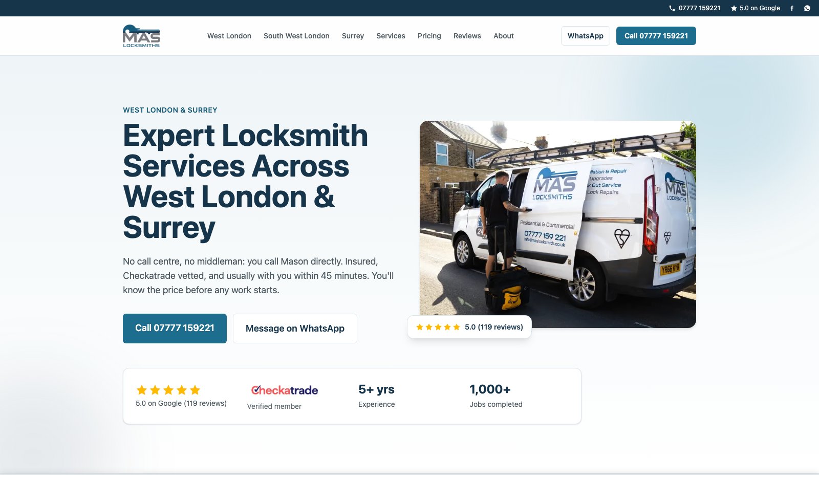 Screenshot of the MAS Locksmiths website homepage