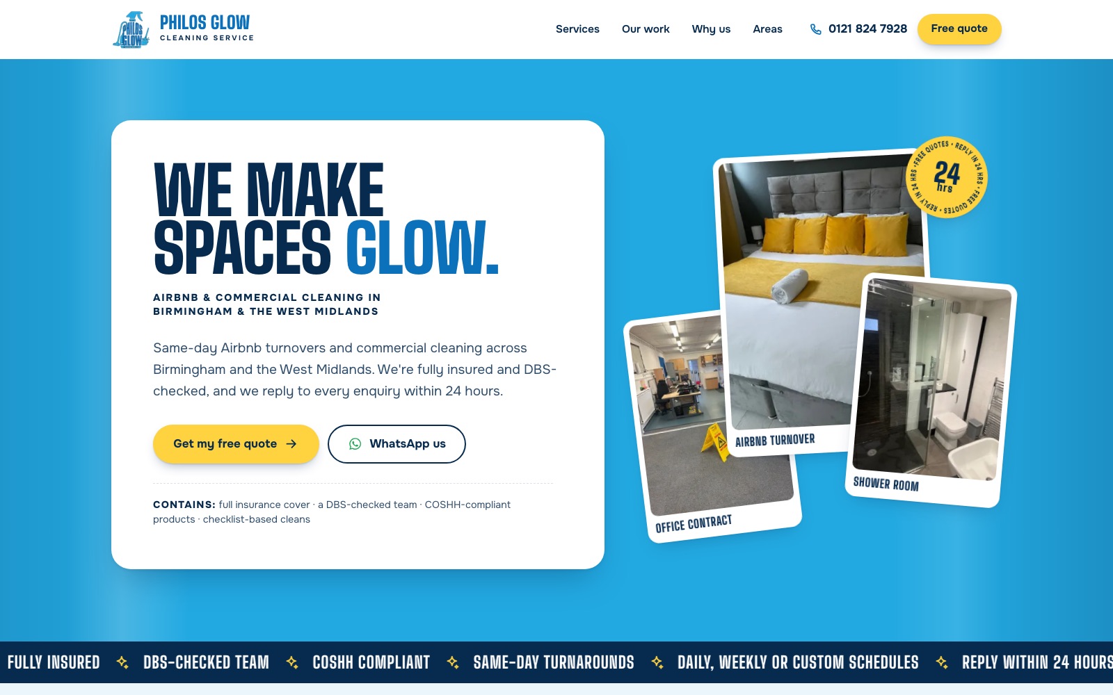 Screenshot of the Philos Glow Cleaning website homepage