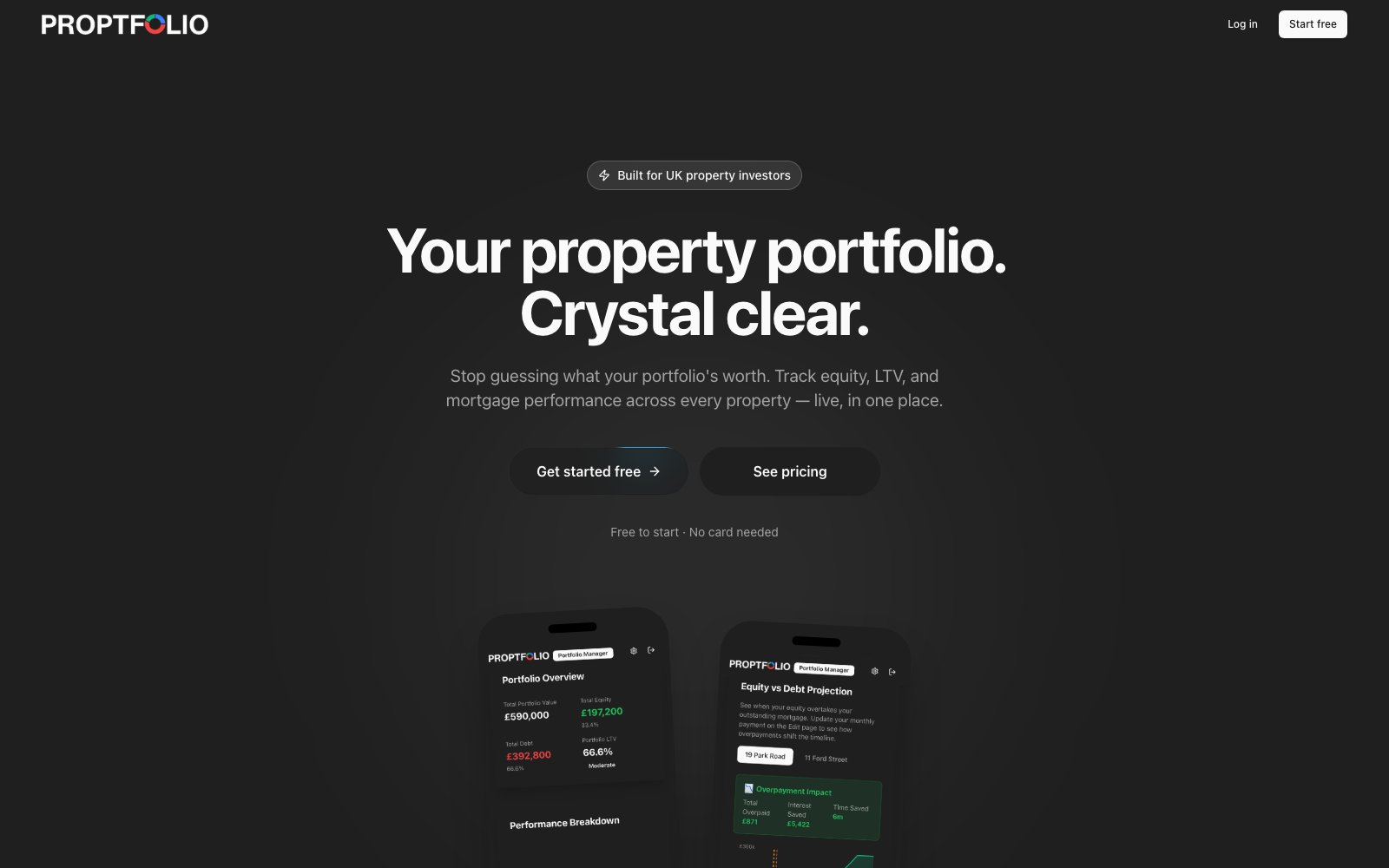 Screenshot of the Proptfolio web app homepage